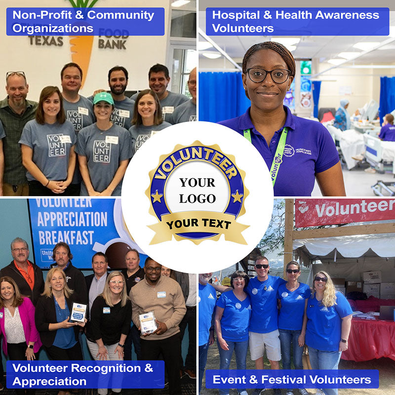 Volunteer Pins Promotional Template Collage Showcasing Four Key Volunteer Scenarios For Non-Profit Organizations Hospital Health Awareness Appreciation Breakfast And Festival Volunteering Around Central Blue And Gold Customizable Badge With VOLUNTEER Text And Your Text Placeholders For Professional Recognition And Commemoration