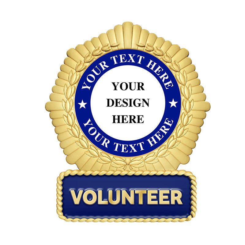 Volunteer Pins in Gold with Blue and White Enamel Featuring Central Custom Design Area, Two Custom Text Banners With Stars, Ornate Laurels, Roped Border, and Prominent VOLUNTEER Plaque For Recognition And Commemoration