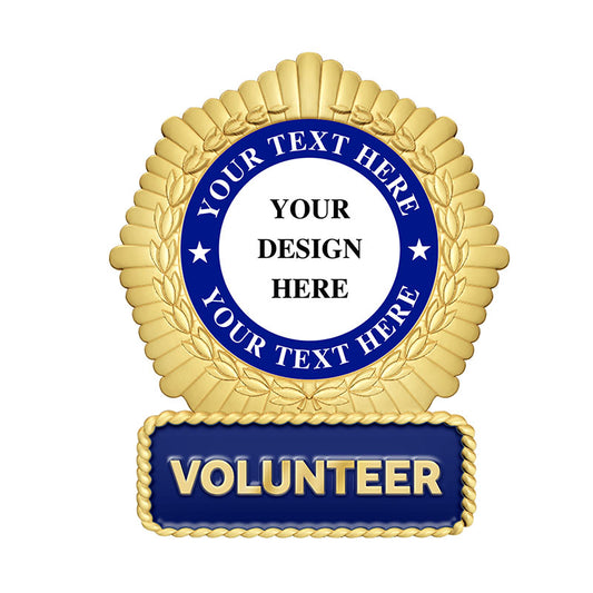 Volunteer Pins in Gold with Blue and White Enamel Featuring Central Custom Design Area, Two Custom Text Banners With Stars, Ornate Laurels, Roped Border, and Prominent VOLUNTEER Plaque For Recognition And Commemoration