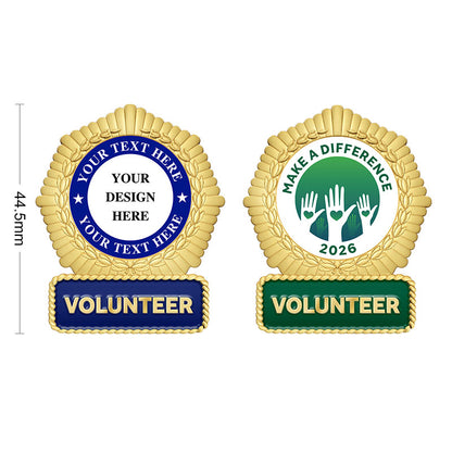 Volunteer Pins in Gold Showcasing Two Design Variants With 3D Raised Laurel Leaf Borders In Blue and Green Enamel Featuring Custom Text Options Including Heart Hands Emblem And MAKE A DIFFERENCE In 44.5mm Vertical Size For Recognition And Commemoration