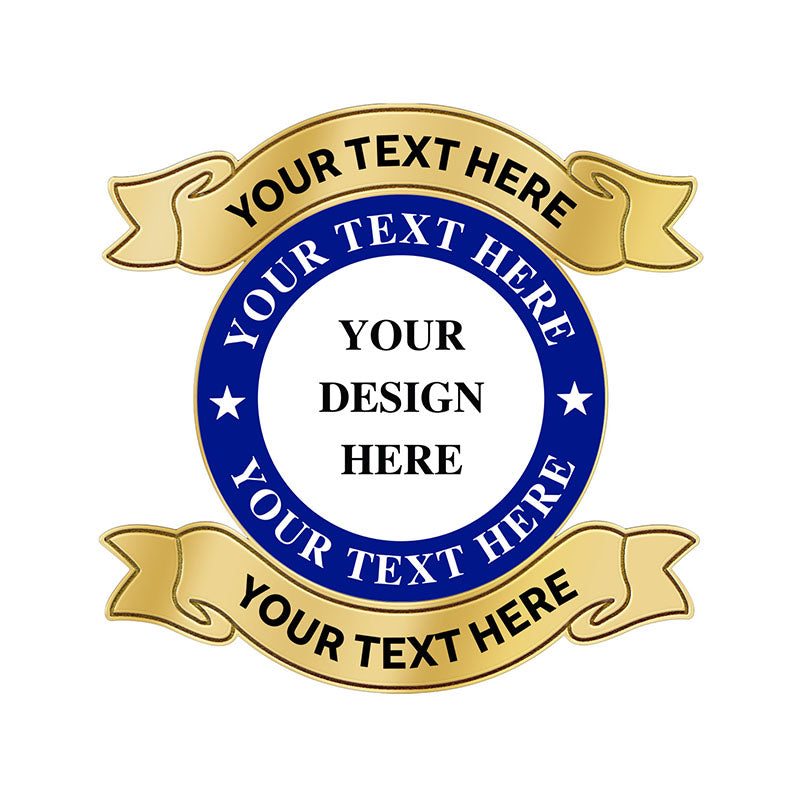 Volunteer Pins Customizable Template in Gold with Circular Design Featuring Dark Blue Ring with Two Stars, Central White Disc, and Gold Ribbon Banners for Custom Text and Design Personalization For Volunteer Recognition And Commemoration