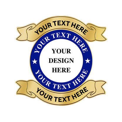 Volunteer Pins Customizable Template in Gold with Circular Design Featuring Dark Blue Ring with Two Stars, Central White Disc, and Gold Ribbon Banners for Custom Text and Design Personalization For Volunteer Recognition And Commemoration