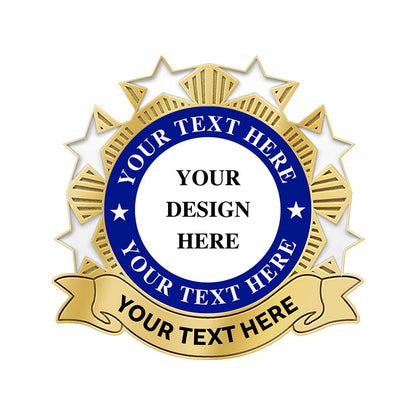 Volunteer Pins in Gold with 3D Star and Radiating Accents Featuring Customizable Design Template With Your Design Here And Your Text Here Placeholders For Personalized Recognition And Commemoration