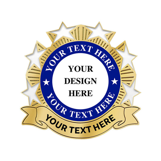 Volunteer Pins in Gold with 3D Star and Radiating Accents Featuring Customizable Design Template With Your Design Here And Your Text Here Placeholders For Personalized Recognition And Commemoration