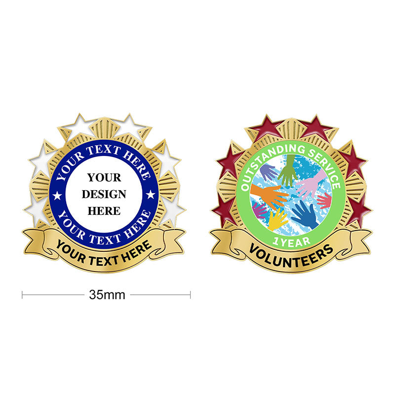 Volunteer Pins Showcasing Side-by-Side 35mm Diameter Custom Templates Featuring Gold Badge With Blue Ring and Seven White Stars and Gold Badge With Red Star Border and Multi-Colored Clasped Hands Emblem Including Sample Custom Text For Outstanding Service And Volunteers Recognition