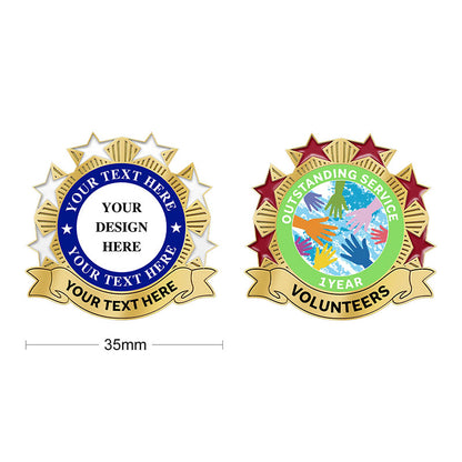 Volunteer Pins Showcasing Side-by-Side 35mm Diameter Custom Templates Featuring Gold Badge With Blue Ring and Seven White Stars and Gold Badge With Red Star Border and Multi-Colored Clasped Hands Emblem Including Sample Custom Text For Outstanding Service And Volunteers Recognition