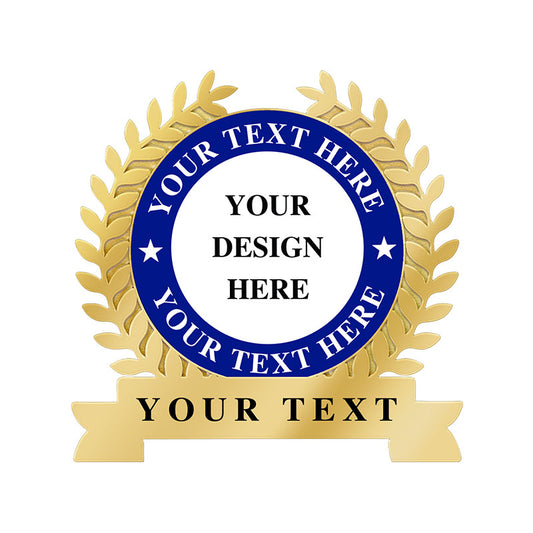 Volunteer Pins Design Template in Gold with 3D Laurel Wreath Border, Deep Blue Ribbon Banner, and Central White Design Area Featuring Prominent Custom Text Options For Personalized Recognition And Commemoration