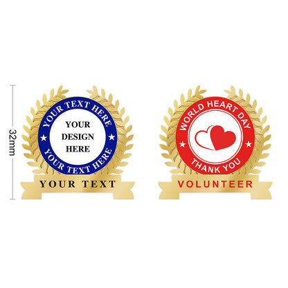 Volunteer Pins Customizable Design Template In 32mm Diameter Featuring Two Gold Badge Options With 3D Laurel Wreath Border And Blue And Red Color Schemes Including Custom Text Placeholder And Heart Emblem For Personalized Volunteer Recognition And Commemoration