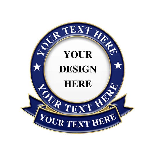 Volunteer Pins Customizable Design Template in 35mm Diameter Featuring Dark Blue and Gold Circular Badge with Star Accents White Central Design Area and Multiple Your Text Here Ribbon Placeholders For Personalized Recognition And Commemoration