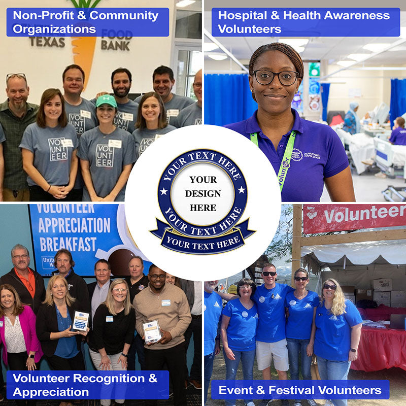 Volunteer Pins Promotional Design Template Collage Showcasing Four Key Service Scenarios Around A Central Blue And White Custom Badge Featuring Your Text Here Placeholder For Non-Profit Hospital Appreciation And Festival Volunteering For Professional Recognition And Branding
