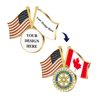 Patriotic Lapel Pins in Gold Featuring Dual Custom Flag Design Showcasing A US Flag And A Canada Flag With Rotary International Logo Centerpiece In A Before-And-After Customization Layout For Brand Partnership And Commemorative Use