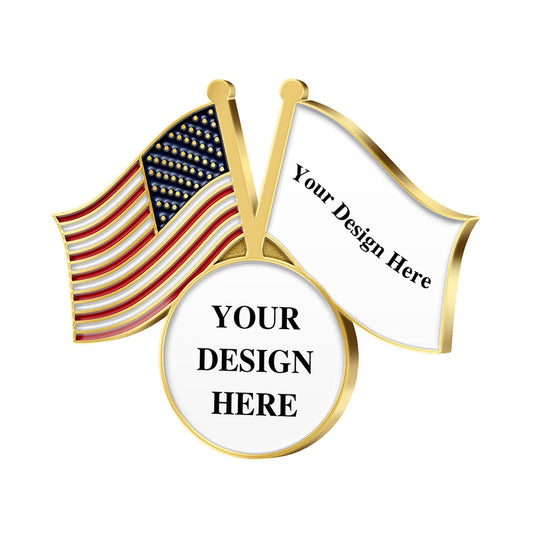 Patriotic Lapel Pins in Gold Featuring Design Template With Left Side Full American Flag Pattern Right Side Blank Flag With YOUR DESIGN HERE Text And Central Customizable Circular Area For Custom Branding And Commemoration