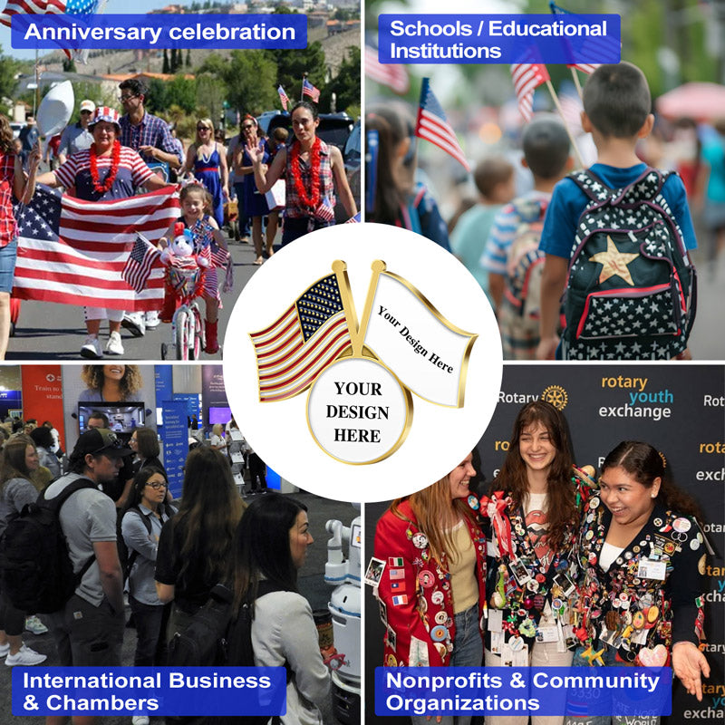 Patriotic Lapel Pins Customizable Gold Design Template With American Flag And Custom Text Showcasing Four Application Scenes For Anniversary Celebrations Educational Institutions International Business And Nonprofit Organizations For Versatile Customization And Organizational Recognition