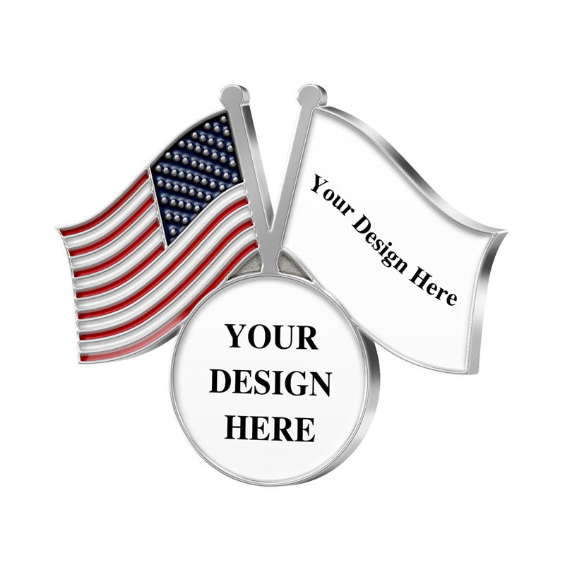 Patriotic Pins in Silver Featuring Design Template With Left Side Full American Flag Pattern Right Side Blank Flag With Custom Text And Central Customizable Circular Area For Custom Branding And Commemoration