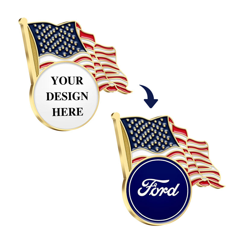 Patriotic Pins in Gold Featuring A Waving American Flag On Pole Design With Central Circular Area Showcasing Customization From YOUR DESIGN HERE Template To Ford Logo For Brand Partnership And Commemorative Use