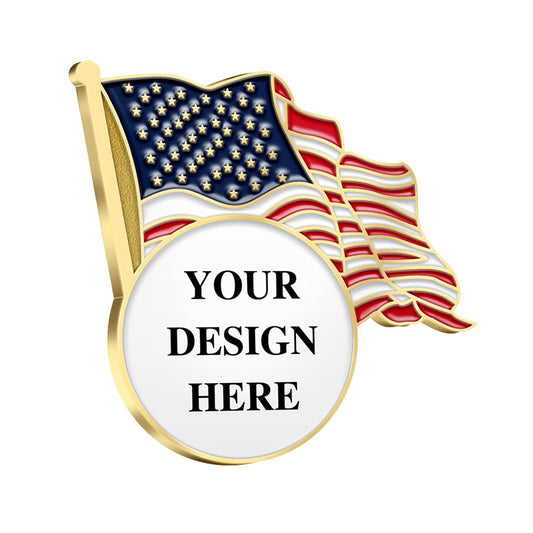 Patriotic Lapel Pins in Gold Featuring A Dynamic Waving American Flag With Gold Stars and Red White Stripes And A Foreground Circular Area Featuring YOUR DESIGN HERE Custom Text For Custom Branding And Commemorative Use