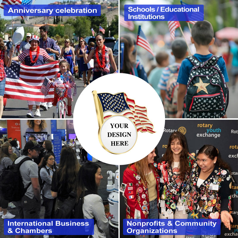 Patriotic Lapel Pins Customizable Gold Circular Design Template Featuring American Flag Elements And YOUR DESIGN HERE Text Showcasing Four Application Scenes For Anniversary Celebration Schools International Business And Nonprofit Organizations For Versatile Customization And Organizational Recognition