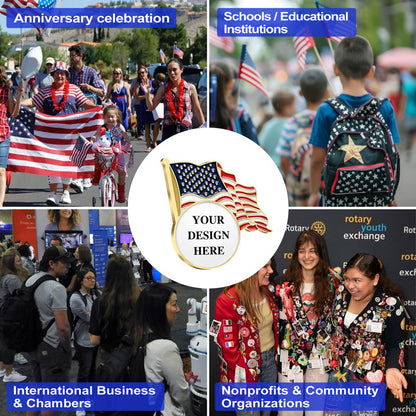 Patriotic Lapel Pins Customizable Gold Circular Design Template Featuring American Flag Elements And YOUR DESIGN HERE Text Showcasing Four Application Scenes For Anniversary Celebration Schools International Business And Nonprofit Organizations For Versatile Customization And Organizational Recognition