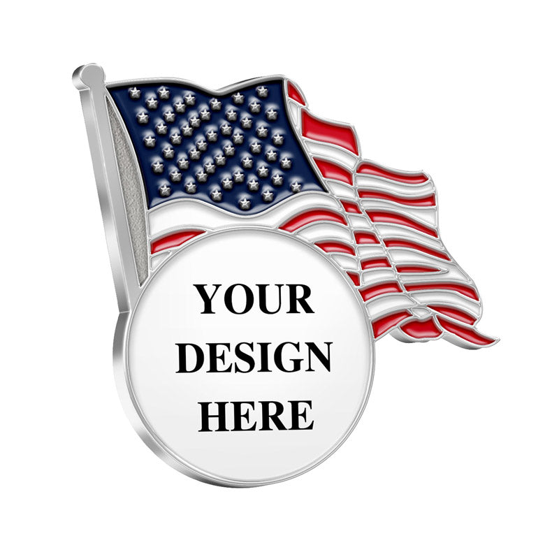 Patriotic Pins in Silver Featuring A Realistic Waving American Flag on Pole With Red White Stripes and Blue Silver Star Field And Central Circular Area With Custom Text For Custom Branding And Commemorative Use