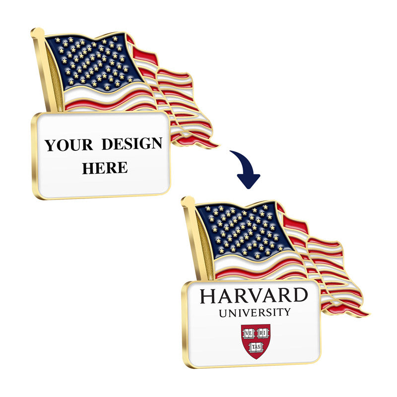 Patriotic Pins in Gold Featuring A Waving American Flag On Pole Design With Lower Rectangular Panel Showcasing Customization From YOUR DESIGN HERE Template To HARVARD UNIVERSITY Crest And Text For Brand Customization And Institutional Commemoration