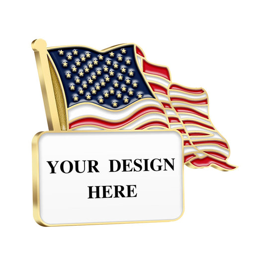 Patriotic Lapel Pins in Gold Featuring A Waving American Flag On A Gold Pole With Deep Blue Field Gold Stars And Red White Stripes And A Lower White Panel With Gold Border Featuring Custom Text For Brand Customization And Commemorative Use