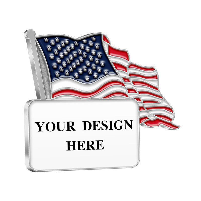 Patriotic Lapel Pins in Silver with Brushed Metal Finish Featuring A Dynamic Waving American Flag With Metallic Stars and Stripes and a Lower Rectangular Panel With YOUR DESIGN HERE Custom Text Area For Brand Customization and Commemorative Use