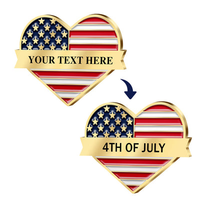 Patriotic Pins Case Showcasing Two 3D Raised Heart Shape Gold Designs With American Flag Elements And Gold Ribbon Featuring Custom Text From YOUR TEXT HERE Template To 4TH OF JULY Application For Custom Brand Commemoration