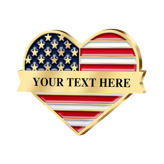 Patriotic Lapel Pins in Gold Featuring A Heart Shape Design With Half American Flag And Half Color-Matched Stripes And Central Gold Ribbon Area Featuring Custom Text For Brand Customization And Commemorative Use