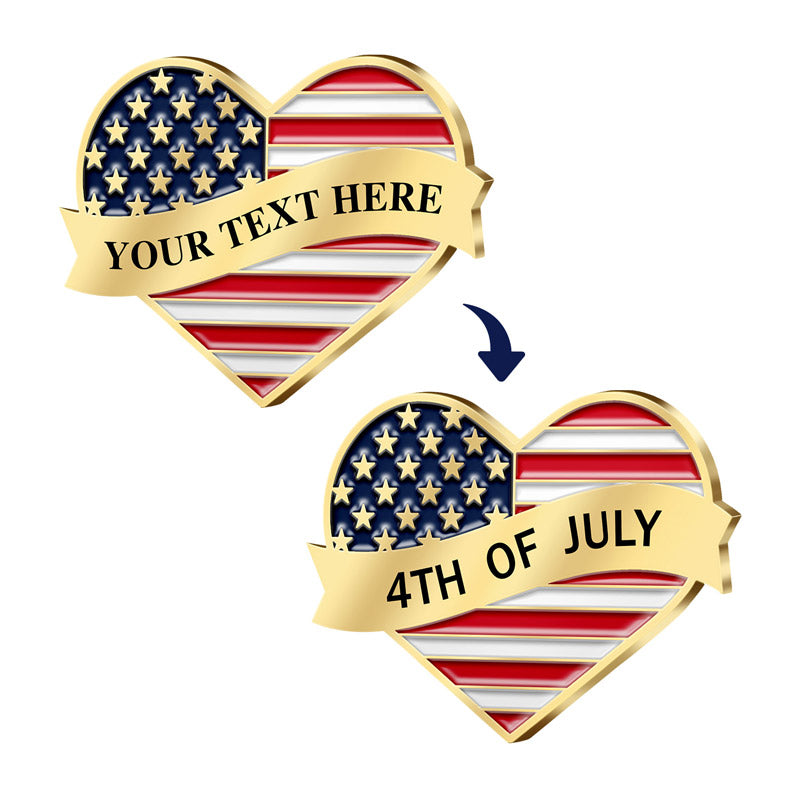 Patriotic Pins Case Showcasing Two 3D Raised Heart Shape Gold Designs With American Flag Elements And Gold Ribbons Featuring Custom Text From YOUR TEXT HERE Template To 4TH OF JULY Application For Custom Brand Commemoration