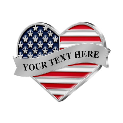 Patriotic Pins in Silver Featuring A Heart Shape Design With American Flag Elements And A Prominent Central Silver Ribbon With Custom Text For Brand Customization And Commemorative Use