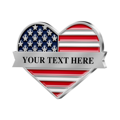 Patriotic Pins in Silver Featuring A Heart Shape Design With Deep Blue Silver Star Field And Red Silver Stripes And A Central Silver Ribbon Featuring Custom Text For Brand Customization And Commemorative Use