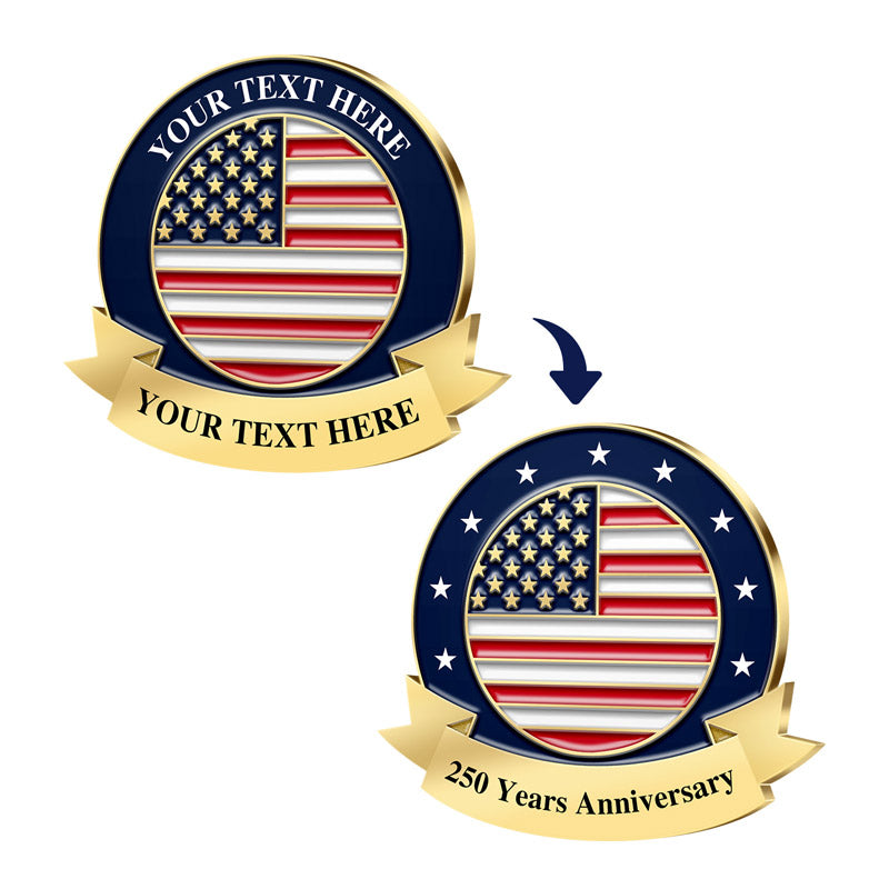 Patriotic Pins Case Showcasing Two Circular American Flag Design Examples With Gold Ribbon From Customizable Template To Applied 250 Years Anniversary Version For Customization Process And Commemorative Use