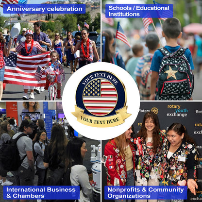 Patriotic Pins Customizable Gold Circular American Flag Design With Central Custom Area Showcasing Four Application Scenes For Anniversary Celebration Schools International Business And Nonprofit Organizations For Versatile Customization And Recognition