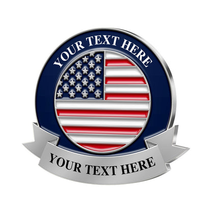 Patriotic Lapel Pins in Silver Featuring Circular American Flag Design with Deep Blue Border and Lower Ribbon Band With Upper and Lower Custom Text Areas For Brand Customization and Commemorative Use