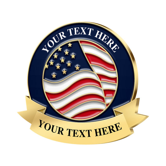Patriotic Lapel Pins in Gold Featuring a Circular American Flag Design With Gold Stars and Red White Stripes and a Prominent Bottom Gold Ribbon Featuring Custom Text For Brand Customization and Commemorative Use