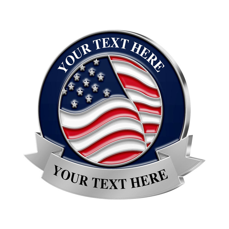 Patriotic Pins in Silver Featuring A Dynamic Waving American Flag Design With Deep Blue Circular Border And Top Bottom Silver Ribbons With Custom Text For Brand Customization And Commemorative Use