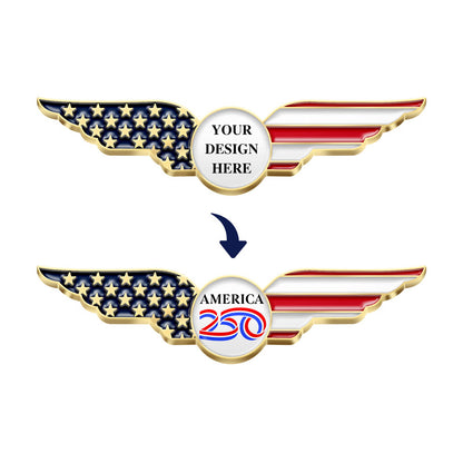 Patriotic Lapel Pins in Gold with Winged Design Featuring Left Wing in Blue with Gold Stars and Right Wing in Red and White Stripes With Central Custom Text Area and Example Showcasing AMERICA 250 Design For Custom Commemoration