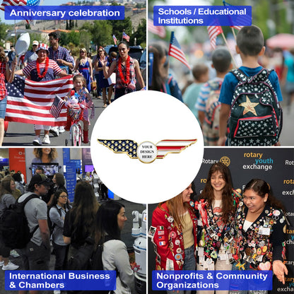 Patriotic Lapel Pins Showcasing Four Application Scenes Including Anniversary Parade School Event International Business Meeting And Nonprofit Gathering With Central Customizable Template Featuring Eagle Wings And YOUR DESIGN HERE Text For Versatile Customization And Organizational Recognition
