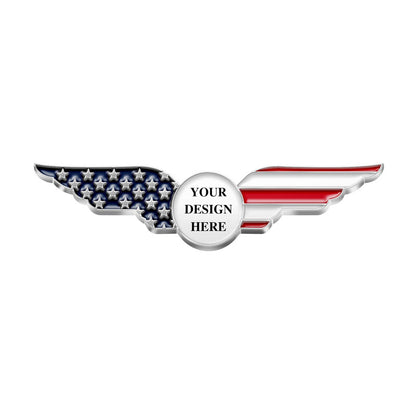 Patriotic Lapel Pins in Silver Featuring Winged Design With Left Wing in Blue with White Stars and Right Wing in Red and White Stripes Featuring Central Custom Text Area For Custom Brand Commemoration
