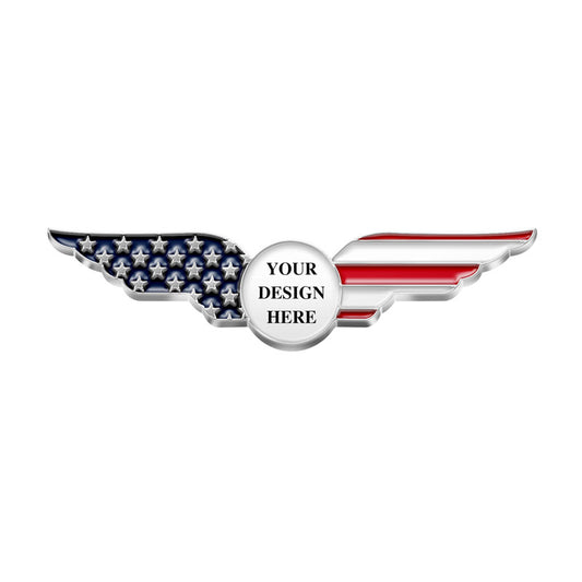 Patriotic Lapel Pins in Silver Featuring Winged Design With Left Wing in Blue with White Stars and Right Wing in Red and White Stripes Featuring Central Custom Text Area For Custom Brand Commemoration