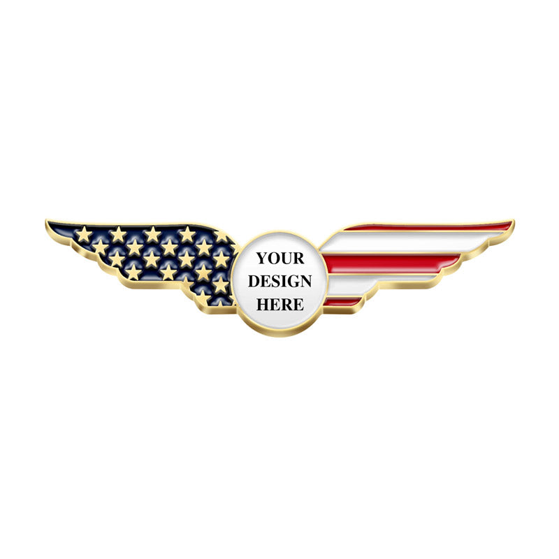 Patriotic Lapel Pins Design Template Featuring Gold Wings with Split American Flag Design Blue Stars and White Field on Left Wing Red and White Stripes on Right Wing and Central Circular Area Featuring Custom Text For Brand Customization and Commemorative Use