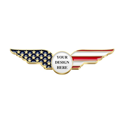 Patriotic Lapel Pins Design Template Featuring Gold Wings with Split American Flag Design Blue Stars and White Field on Left Wing Red and White Stripes on Right Wing and Central Circular Area Featuring Custom Text For Brand Customization and Commemorative Use