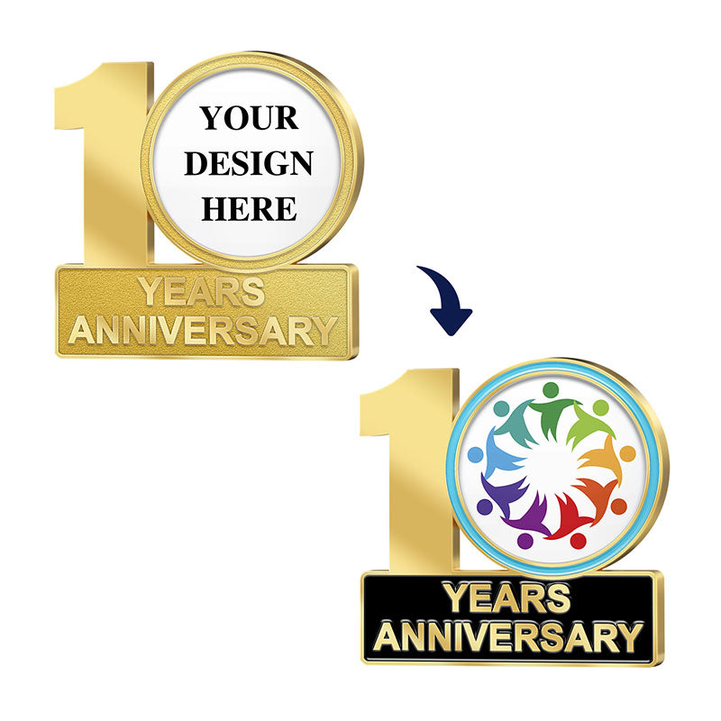 Anniversary Pins in Gold Featuring A 10th Year Commemorative Design Showcasing Customization Process From Blank Template With YOUR DESIGN HERE To Applied Colorful Figure Chain Symbolizing Team Unity For Custom Brand Commemoration