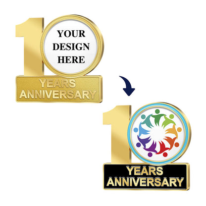 Anniversary Pins in Gold Featuring A 10th Year Commemorative Design Showcasing Customization Process From Blank Template With YOUR DESIGN HERE To Applied Colorful Figure Chain Symbolizing Team Unity For Custom Brand Commemoration
