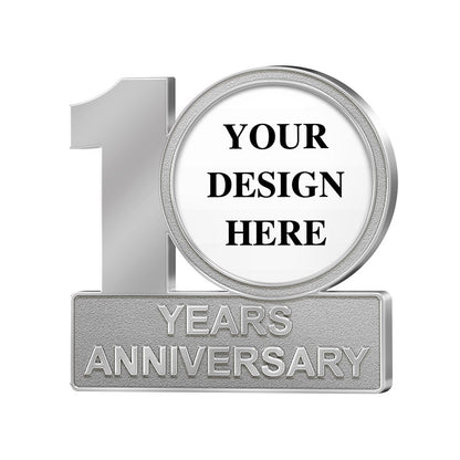 Anniversary Pins in Silver Featuring A Prominent 3D Raised Number 10 With A Central Circular Customizable Area Featuring Custom Text YOUR DESIGN HERE And Lower Rectangular Bar With YEARS ANNIVERSARY Text For Custom Commemoration And Anniversary Celebrations