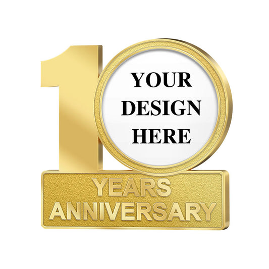 Anniversary Pins in Gold Featuring Prominent Gold Number 10 with Adjacent Circular Custom Text Area And Lower Gold Rectangular Bar With YEARS ANNIVERSARY Text For Custom Brand Commemoration And Anniversary Celebrations