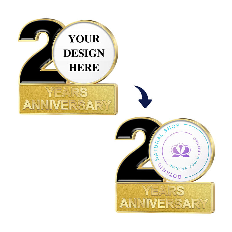 Anniversary Pins in Gold Featuring a Before-And-After Customization Layout With Black Number 20 and Gold YEARS ANNIVERSARY Bar Showcasing Transition From YOUR DESIGN HERE Template to Applied Botanic Natural Shop Floral Logo and Text For Custom Brand Commemoration