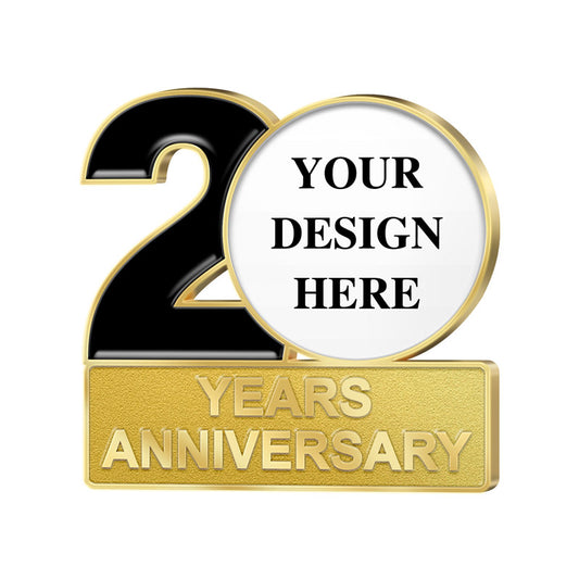 Anniversary Pins in Gold Featuring Customizable Template Design With Prominent Black Number 2 and Circular Custom Text Area Within Number 0 And Lower Gold YEARS ANNIVERSARY Bar For 20th Anniversary Brand Commemoration