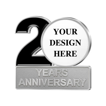 Anniversary Pins in Silver Featuring A Prominent Number 20 with White Circular Area For YOUR DESIGN HERE Custom Text And Lower Silver Bar with YEARS ANNIVERSARY Text For Custom Brand Commemoration And Anniversary Celebrations
