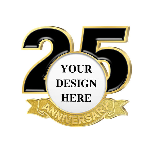 Anniversary Pins in Gold Featuring 3D Raised Design With Prominent Black Number 25 and Central White Circle for Custom Text YOUR DESIGN HERE with Lower Gold Ribbon and ANNIVERSARY Text for 25th Year Brand Commemoration and Celebration